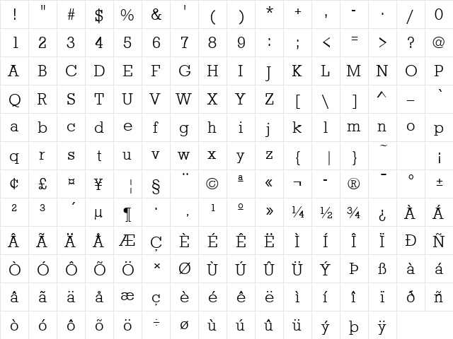 StaffordLH Regular  glyph index