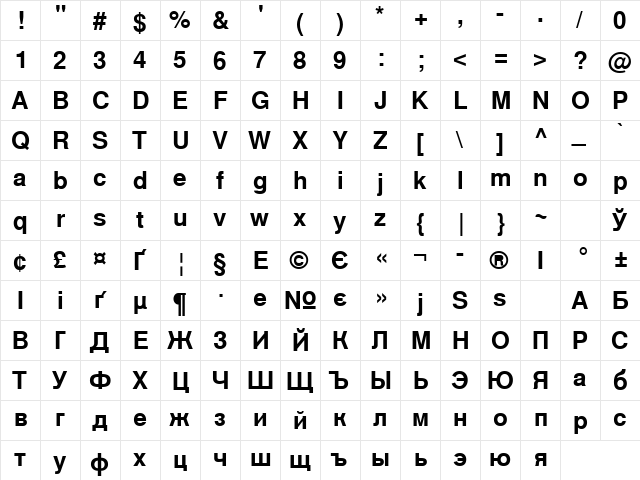 CyrillicEnglishSansSSK Bold  glyph index