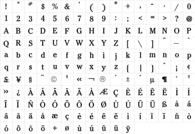 Cheltenham Contour  glyph index