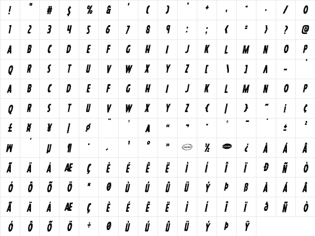 Hanging Tree Condensed Italic Condensed Italic  glyph index