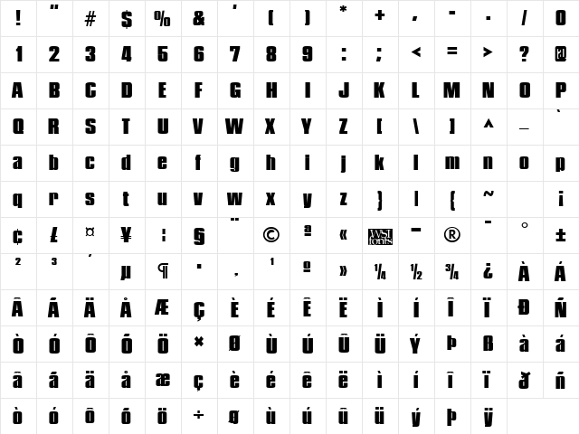 PledgeBlack Regular  glyph index