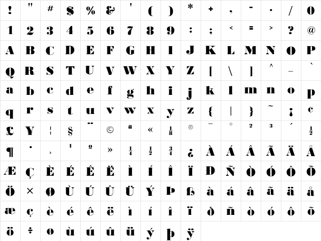 BodoniUltraFLF Regular  glyph index