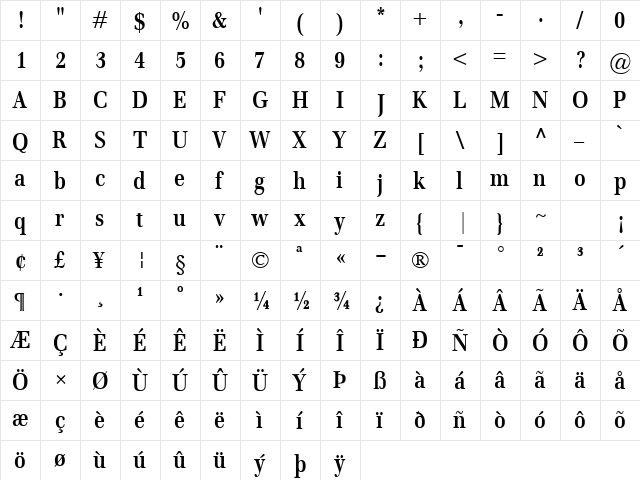 Emona Cond Bold  glyph index