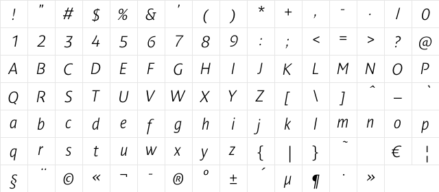 DendaNewLightC Italic  glyph index