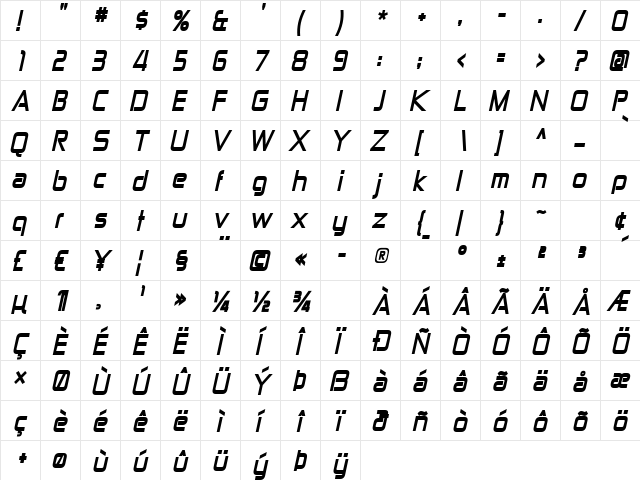 Zekton Bold Italic  glyph index