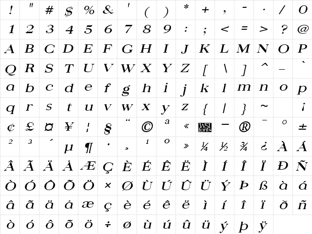 QuantasBroad Italic  glyph index