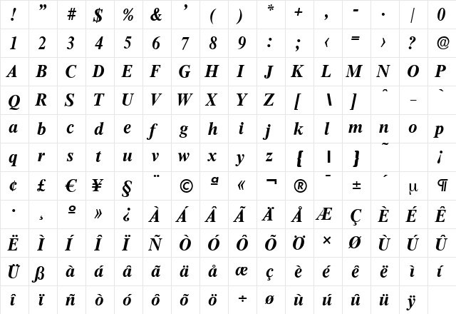 ThamesSerial BoldItalic  glyph index
