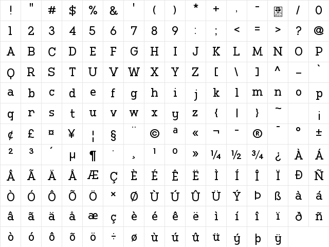 Manti Slab Demo Regular  glyph index