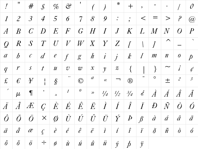 Caslon 540 Italic  glyph index