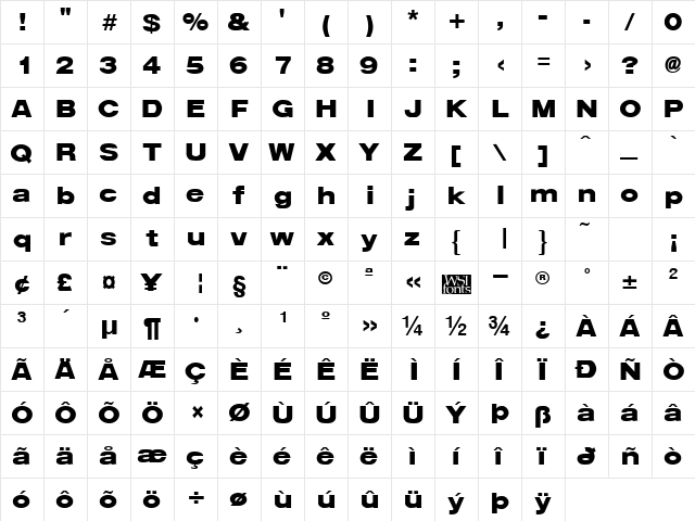 ArenaBlackExtended Regular  glyph index