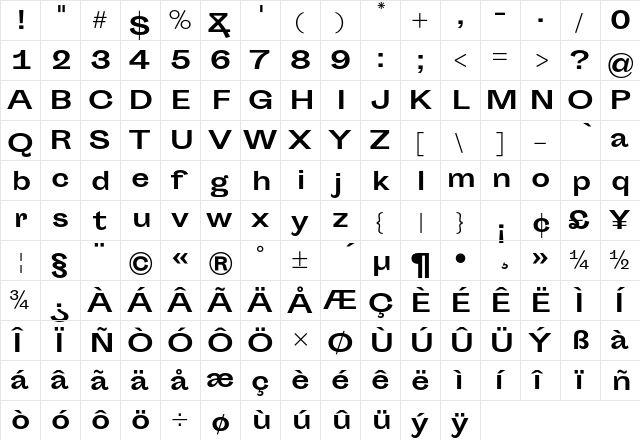 Sporting Grotesque Bold  glyph index