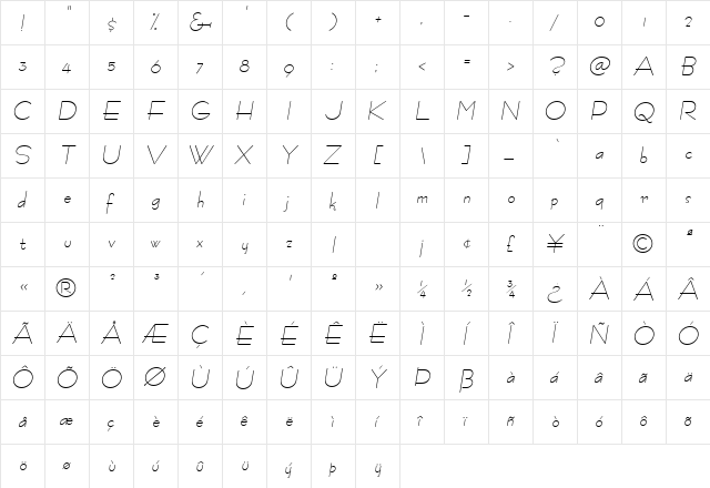 Fashion Oblique  glyph index