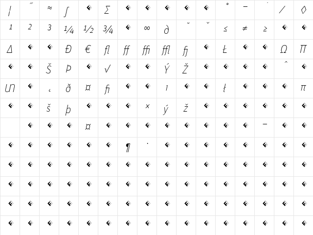 Unit-ThinItalicTFExpert Regular  glyph index