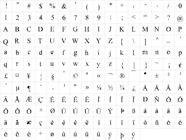 Gouge Regular  glyph index
