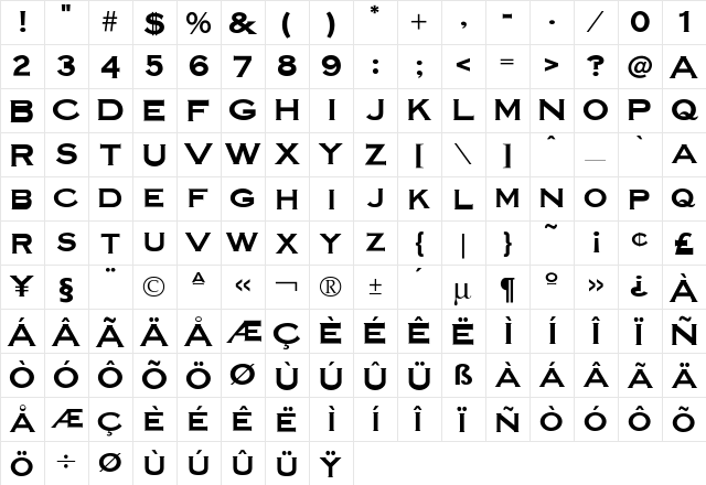 Beaconsfield Regular  glyph index