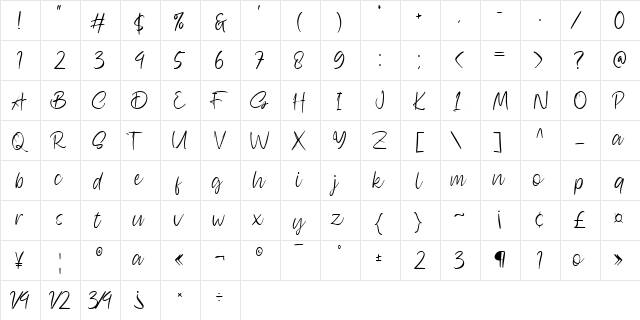 Sallvacia Regular  glyph index