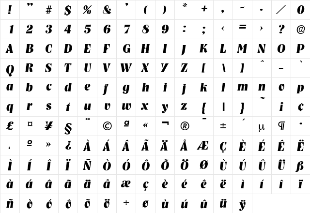 Nashville-BoldIta Regular  glyph index