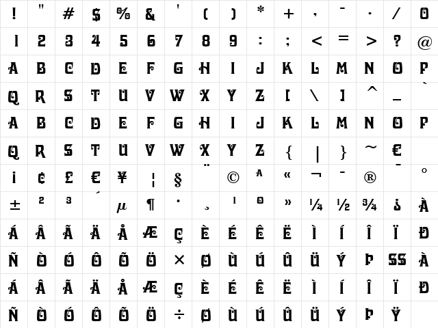 Davida Bd BT Bold  glyph index