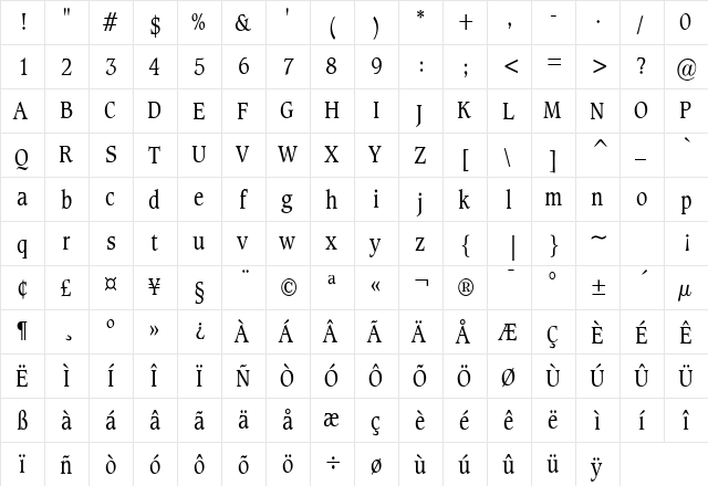 Clayton Condensed Normal  glyph index