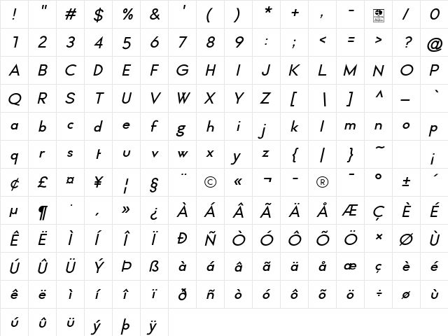 Typo Formal Demo Italic  glyph index