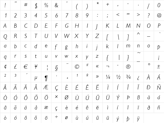 Chantilly-Light Italic  glyph index