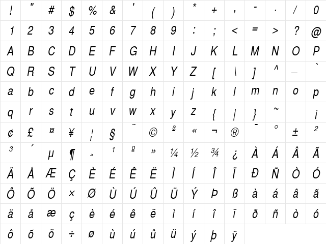 HeaveneticaNarrowSH Oblique  glyph index