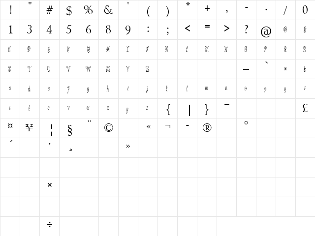 Pixie Moon Regular  glyph index