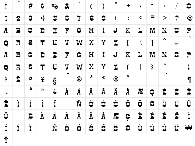 Cowboy Regular  glyph index