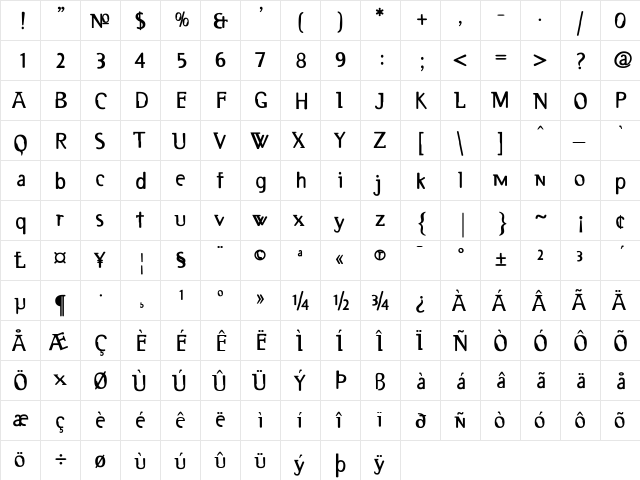 Deux Bold  glyph index