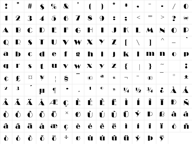 BroadwaySteD Regular  glyph index