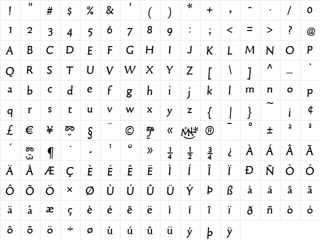 OldTypefaces Regular  glyph index