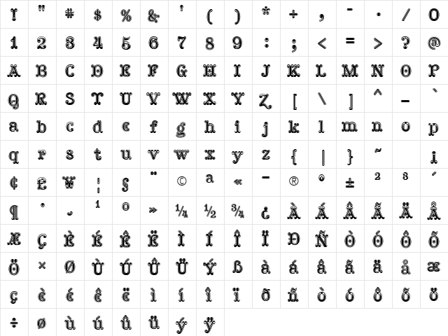TuskcandyInline Regular  glyph index