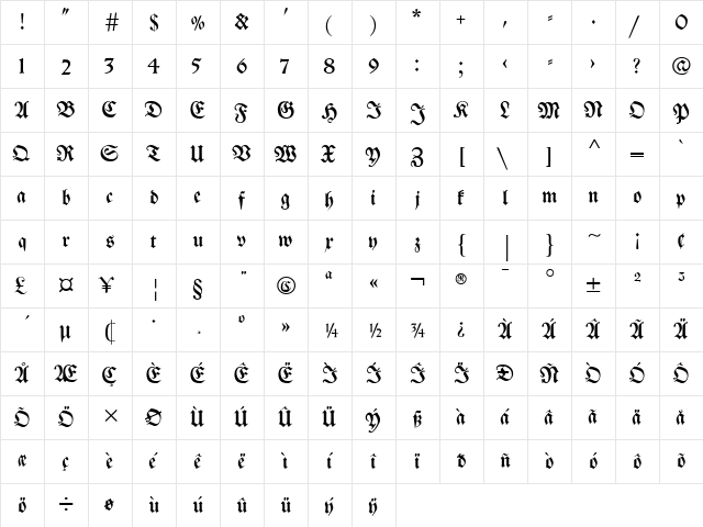 Breitkopf FrakturUNZ1L Regular  glyph index