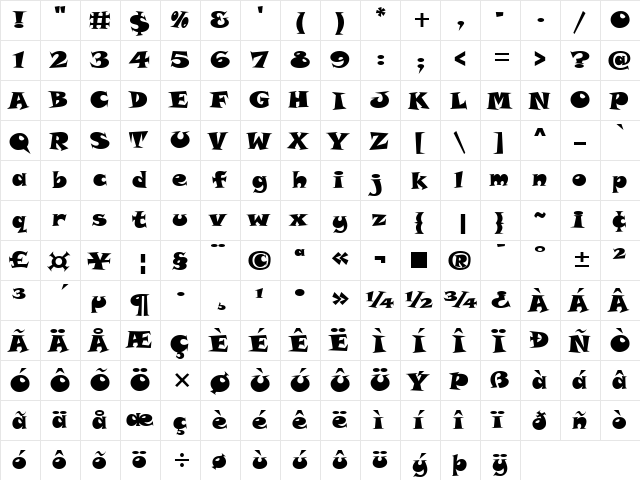 Disney Comic Regular  glyph index