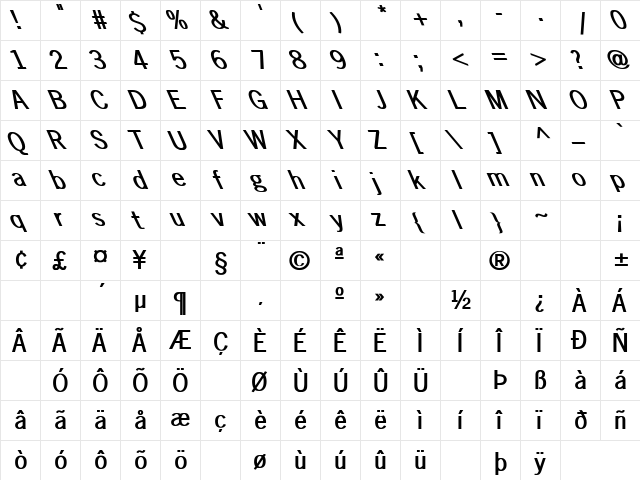 News Gothic Leftie Bold  glyph index