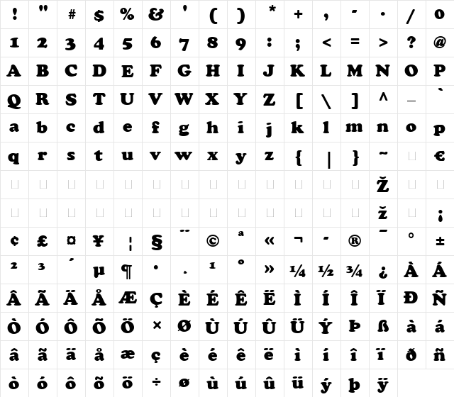 CooperBlack LT Regular  glyph index