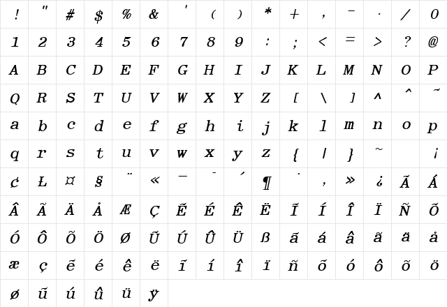 Elite Bold Italic  glyph index