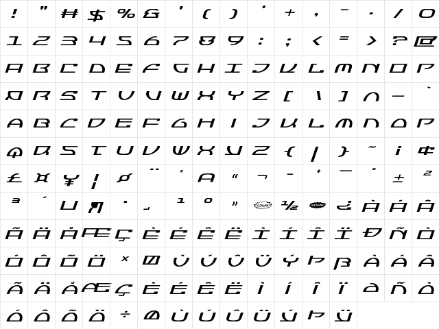 Jumptroops Expanded Italic Expanded Italic  glyph index