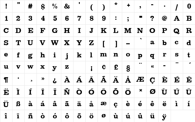ClarendonTBolRo1 Regular  glyph index