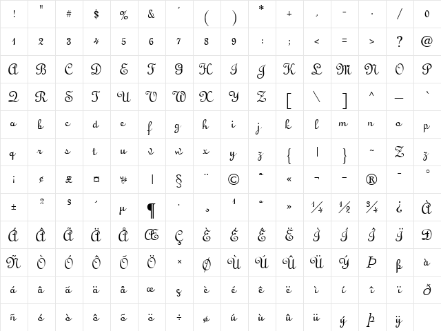 Hope Regular  glyph index