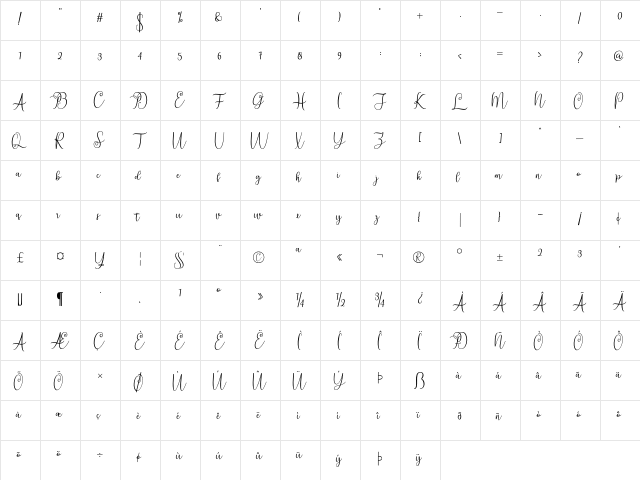ningsih Regular  glyph index