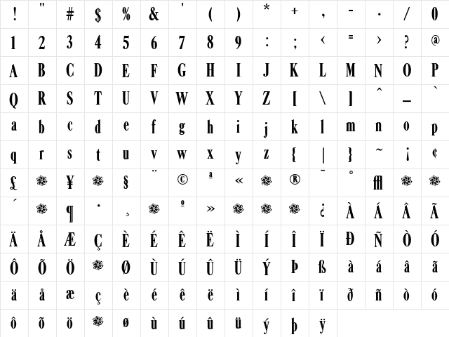 CaslonFB BoldExtraCondensed  glyph index
