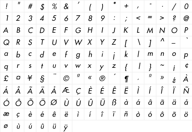 Fairmont-Italic Regular  glyph index