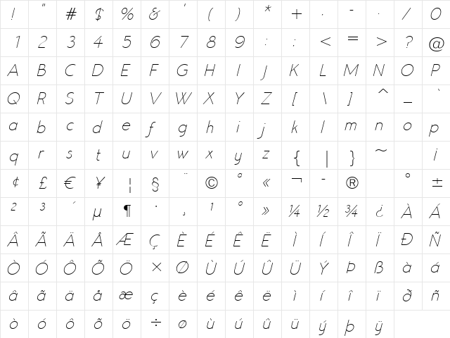 Register Sans BTN Lt Oblique  glyph index