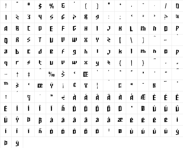 SF Junk Culture Condensed Regular  glyph index