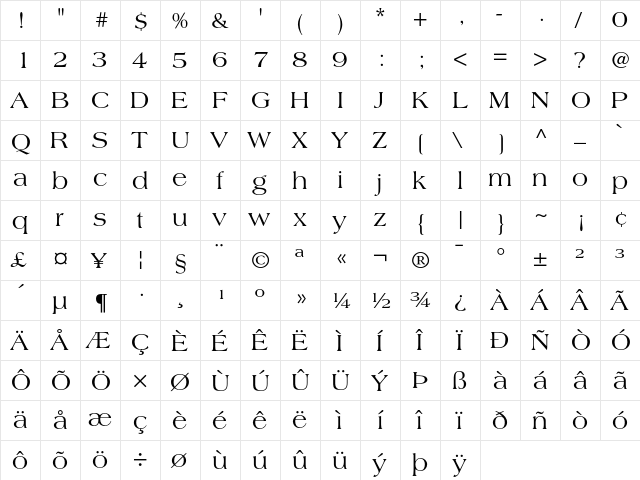 Americana Regular  glyph index