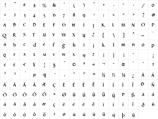 Caterina Bold  glyph index