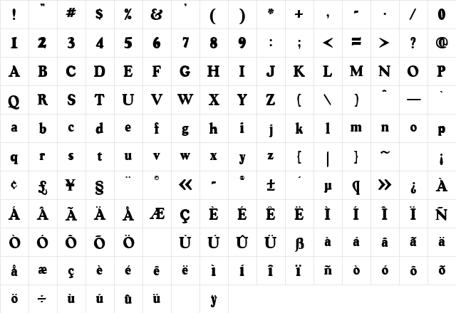 VintageSSK Regular  glyph index