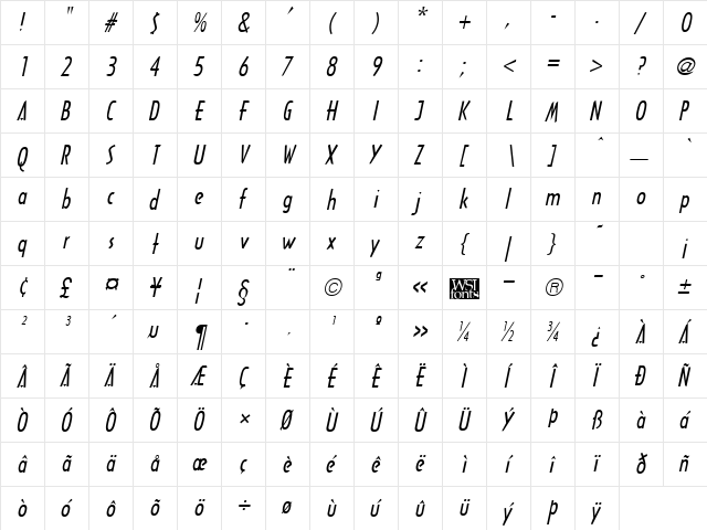 Arcane Italic  glyph index