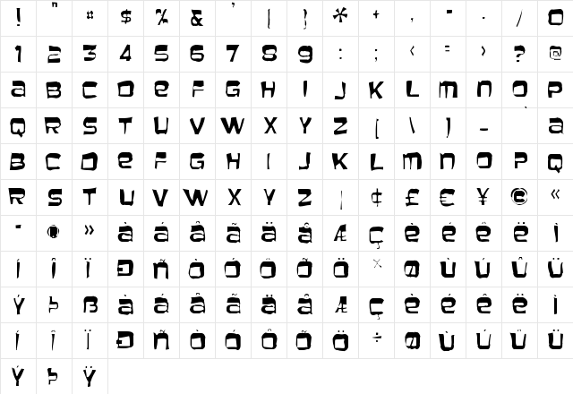 Baveuse Gaunt Regular  glyph index